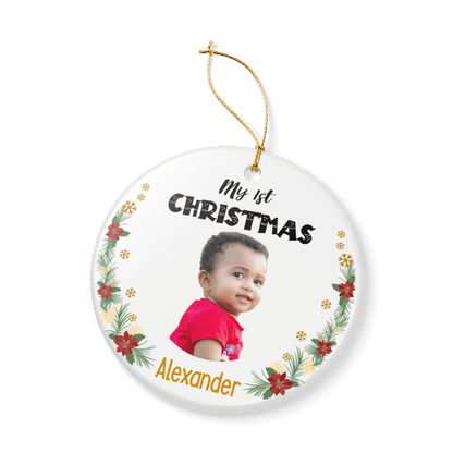 My 1st Christmas Ornament – Personalized Photo Keepsake featuring a smiling baby and floral design.