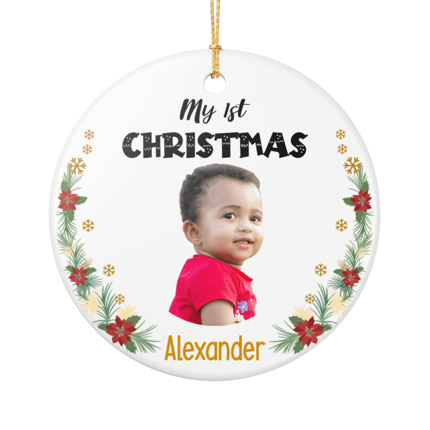 My 1st Christmas Ornament – Personalized Photo Keepsake with a child's photo and festive floral design.