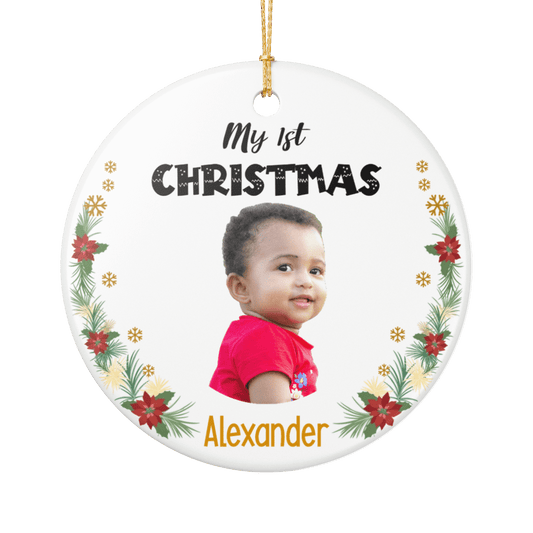 My 1st Christmas Ornament – Personalized Photo Keepsake with a child's photo and festive floral design.