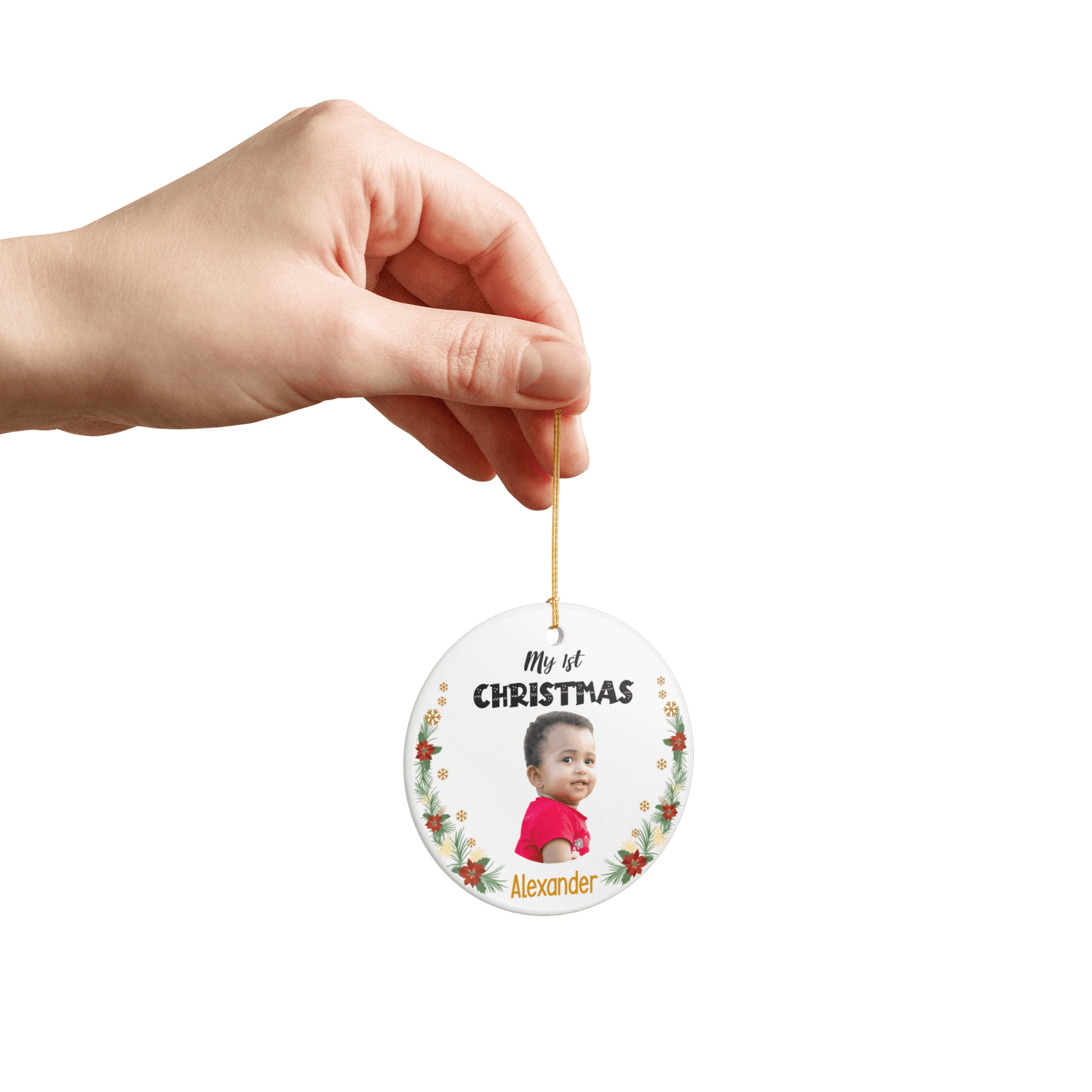 My 1st Christmas Ornament – Personalized Photo Keepsake held in hand displaying baby photo and name Alexander.