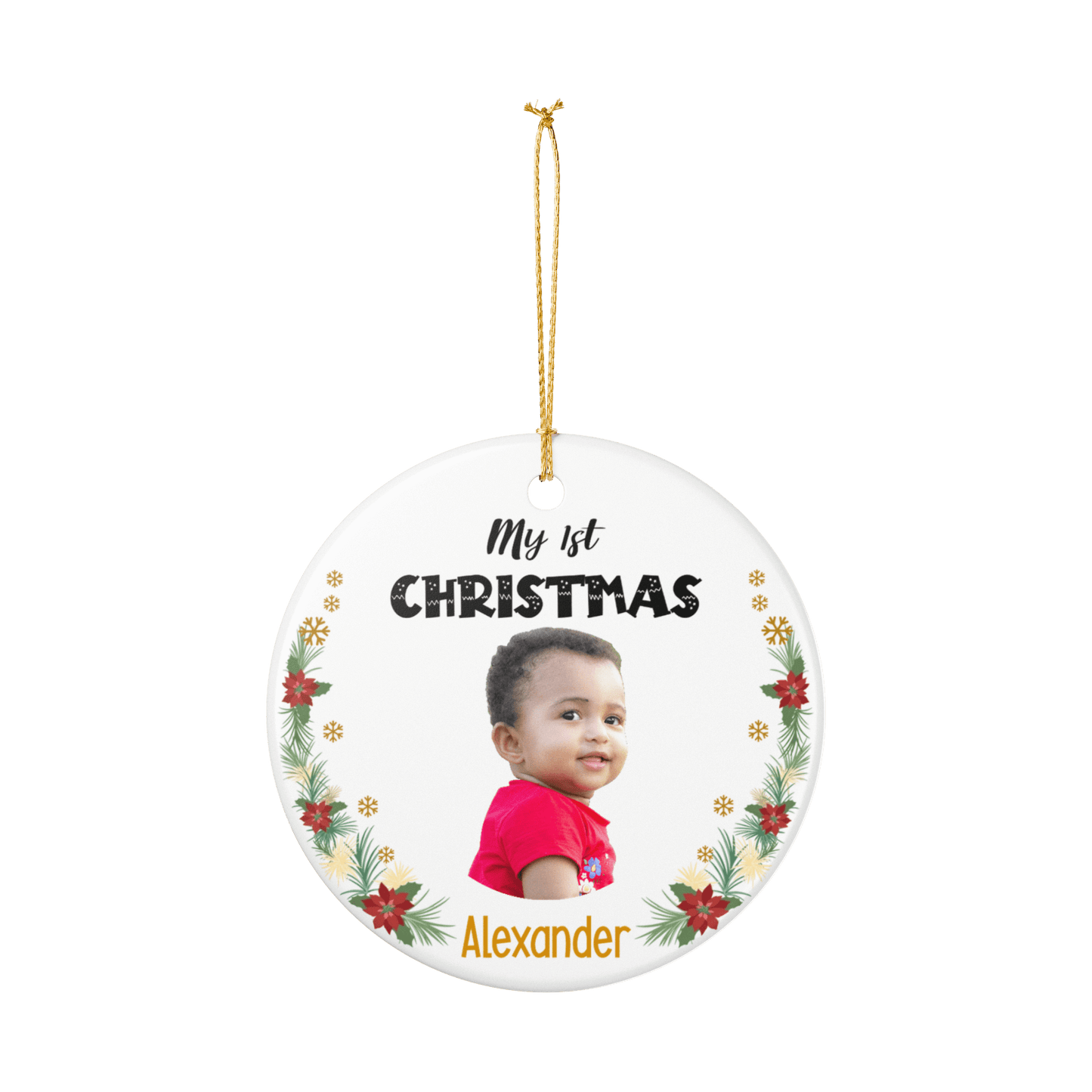 My 1st Christmas Ornament – Personalized Photo Keepsake featuring a baby photo of Alexander.