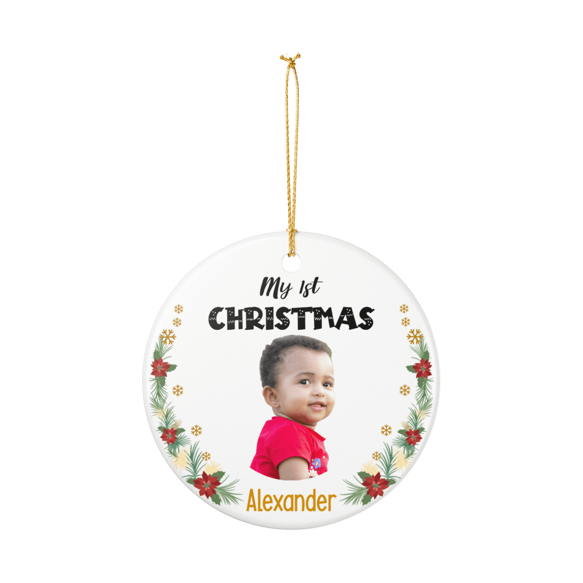 My 1st Christmas Ornament – Personalized Photo Keepsake featuring a baby photo of Alexander.