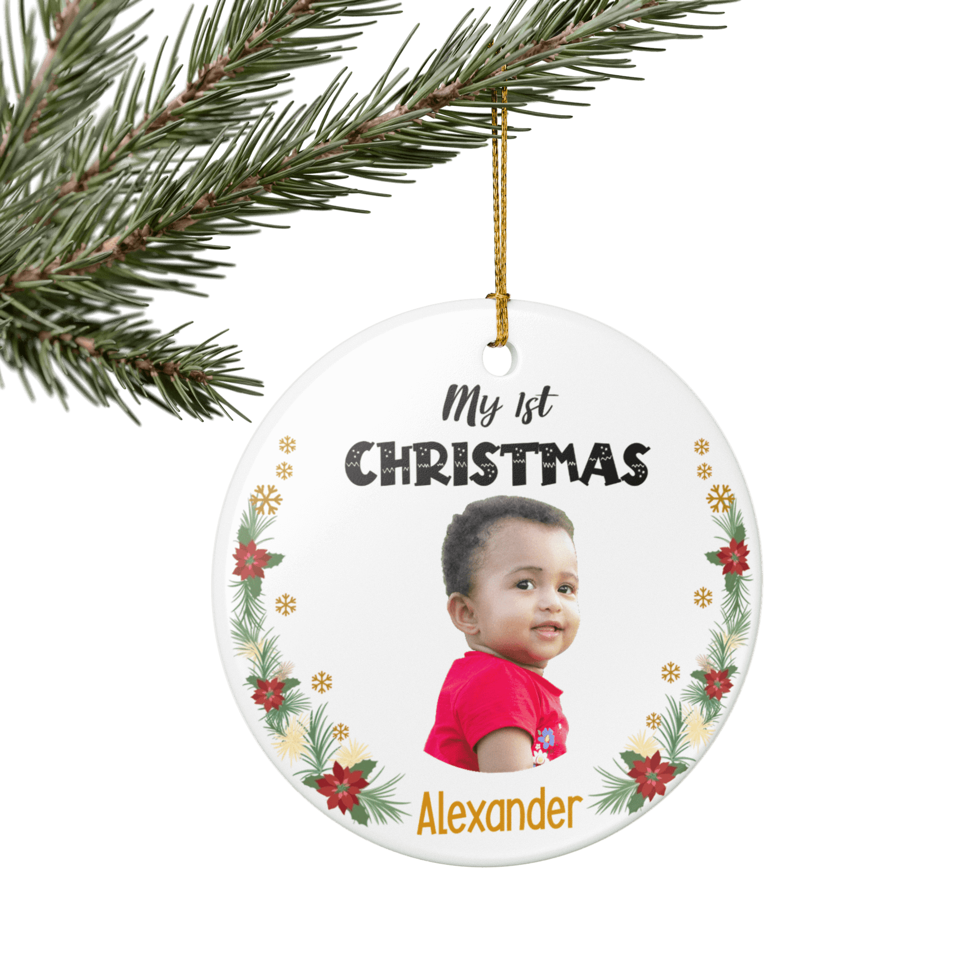 My 1st Christmas Ornament – Personalized Photo Keepsake featuring a baby's photo and festive design.
