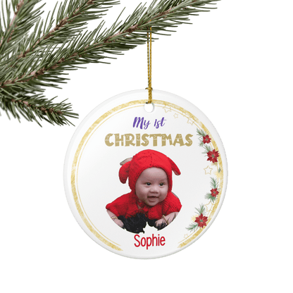 My 1st Christmas Ornament – Personalized Photo Keepsake featuring baby's photo and name Sophie.
