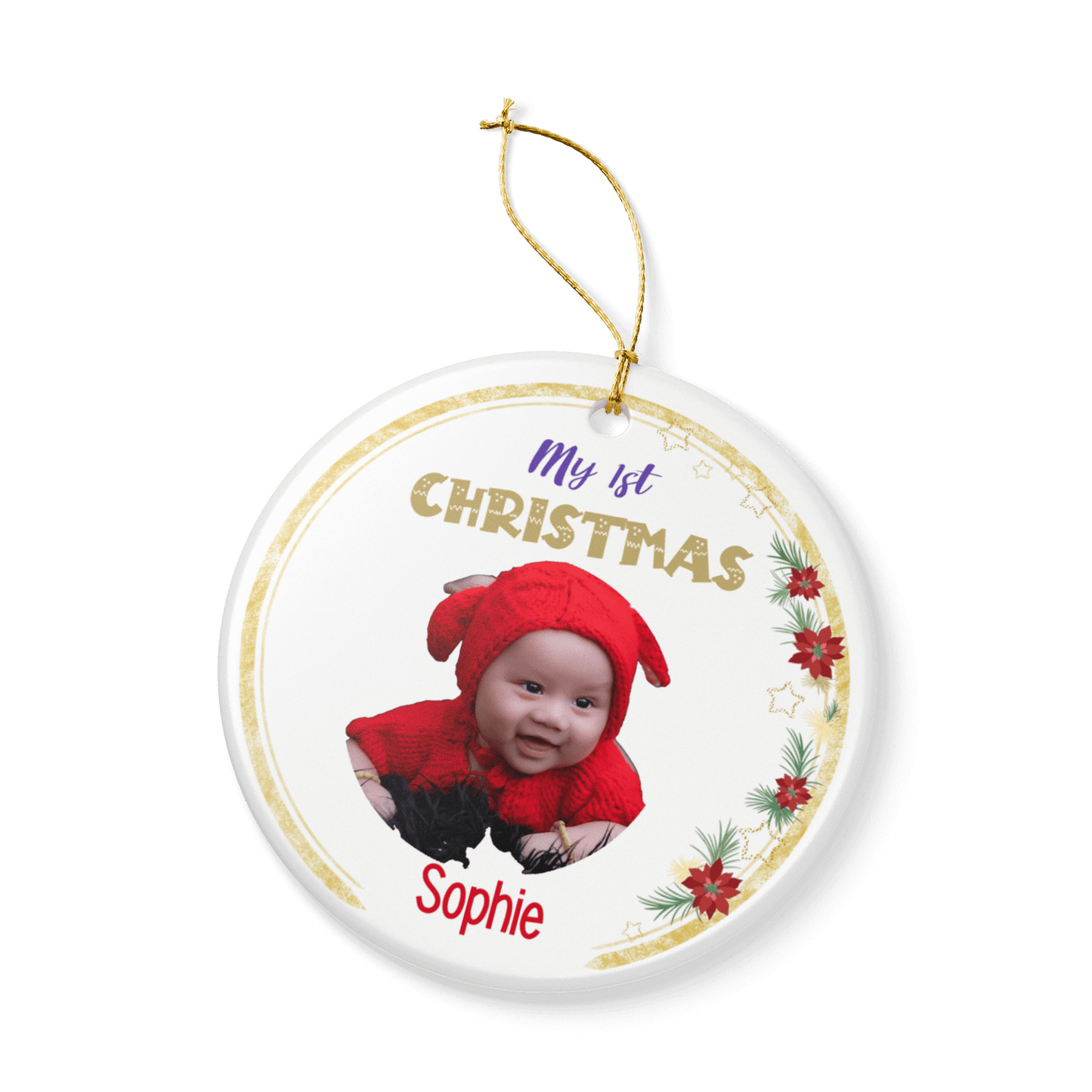 My 1st Christmas Ornament – Personalized Photo Keepsake featuring a baby in a festive red outfit.