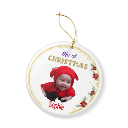 My 1st Christmas Ornament – Personalized Photo Keepsake featuring a baby in a festive red outfit.