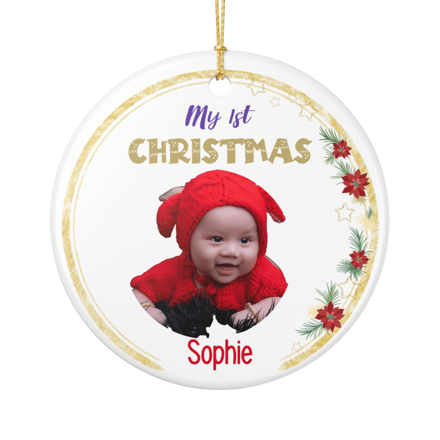 My 1st Christmas Ornament – Personalized Photo Keepsake featuring a baby in a red outfit with festive decorations.