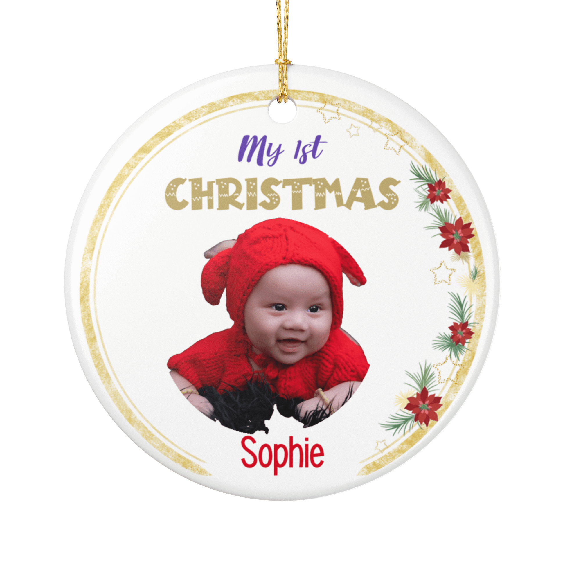 My 1st Christmas Ornament – Personalized Photo Keepsake featuring a baby in a red outfit with festive decorations.