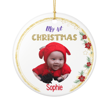 My 1st Christmas Ornament – Personalized Photo Keepsake featuring a baby in a red outfit with festive decorations.
