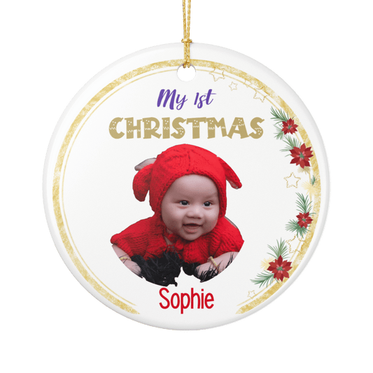 My 1st Christmas Ornament – Personalized Photo Keepsake featuring a baby in a red outfit with festive decorations.