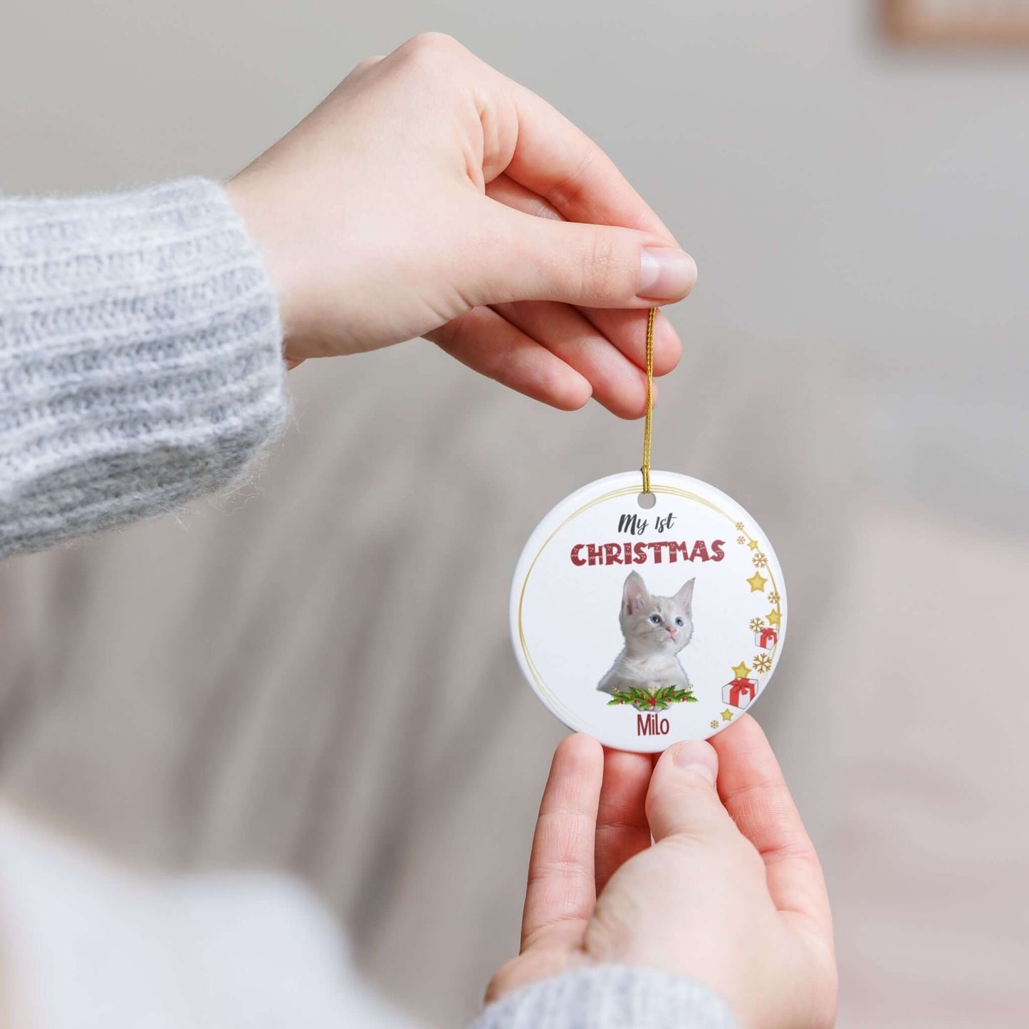 My 1st Christmas Ornament – Personalized Photo Keepsake featuring a cat photo and festive decorations.