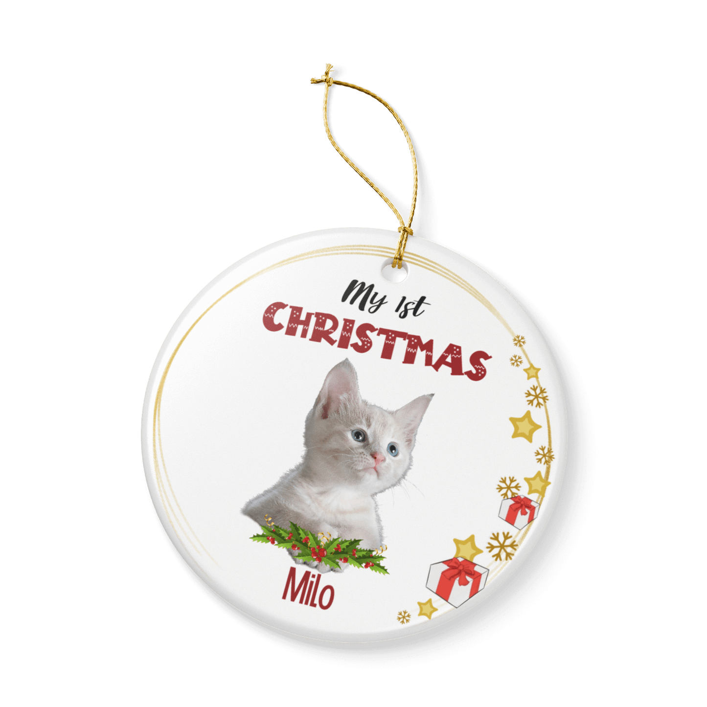 My 1st Christmas Ornament – Personalized Photo Keepsake featuring a cute kitten named Milo.