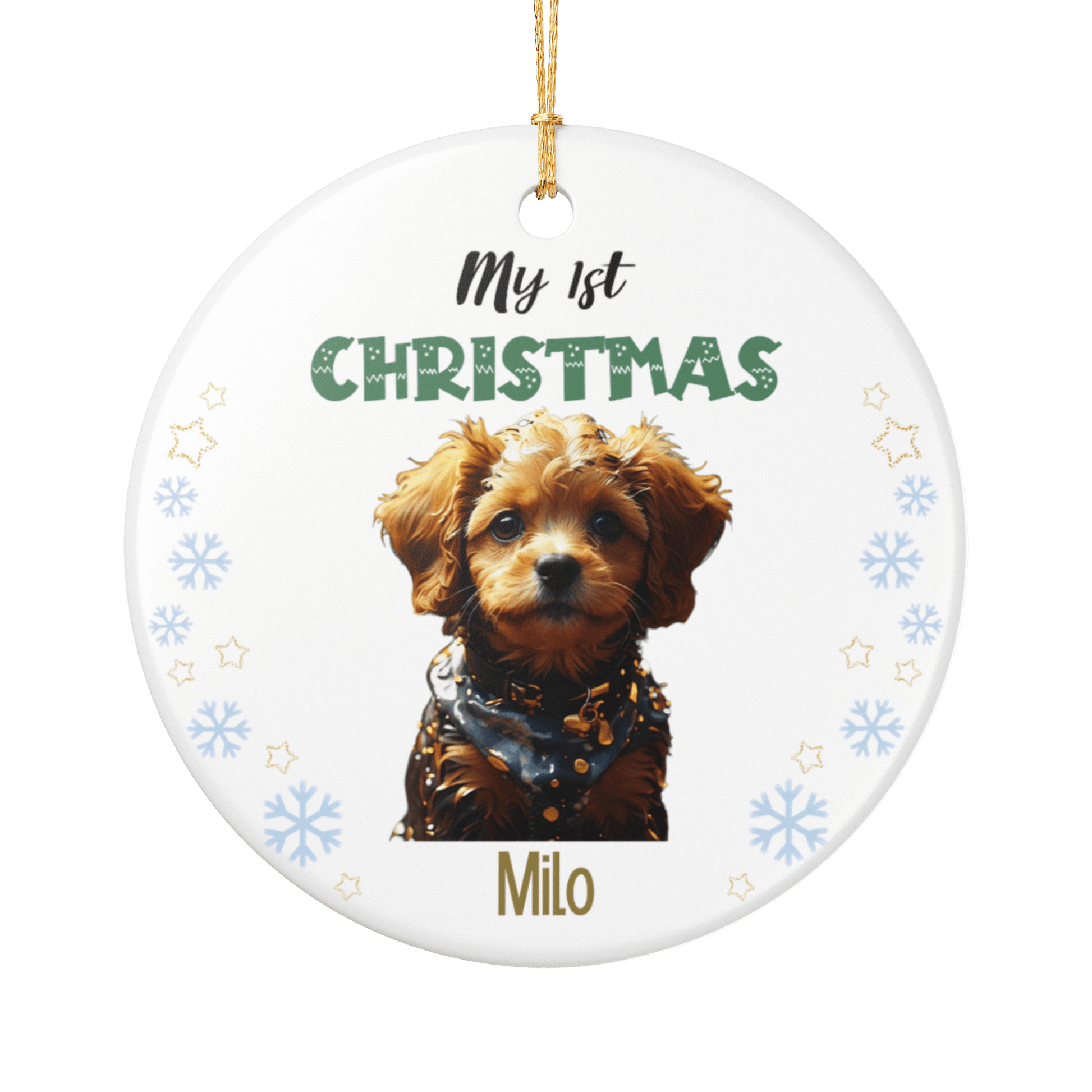 My 1st Christmas Ornament – Personalized Photo Keepsake featuring a cute puppy with festive decorations.