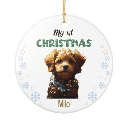 My 1st Christmas Ornament – Personalized Photo Keepsake featuring a cute puppy with festive decorations.