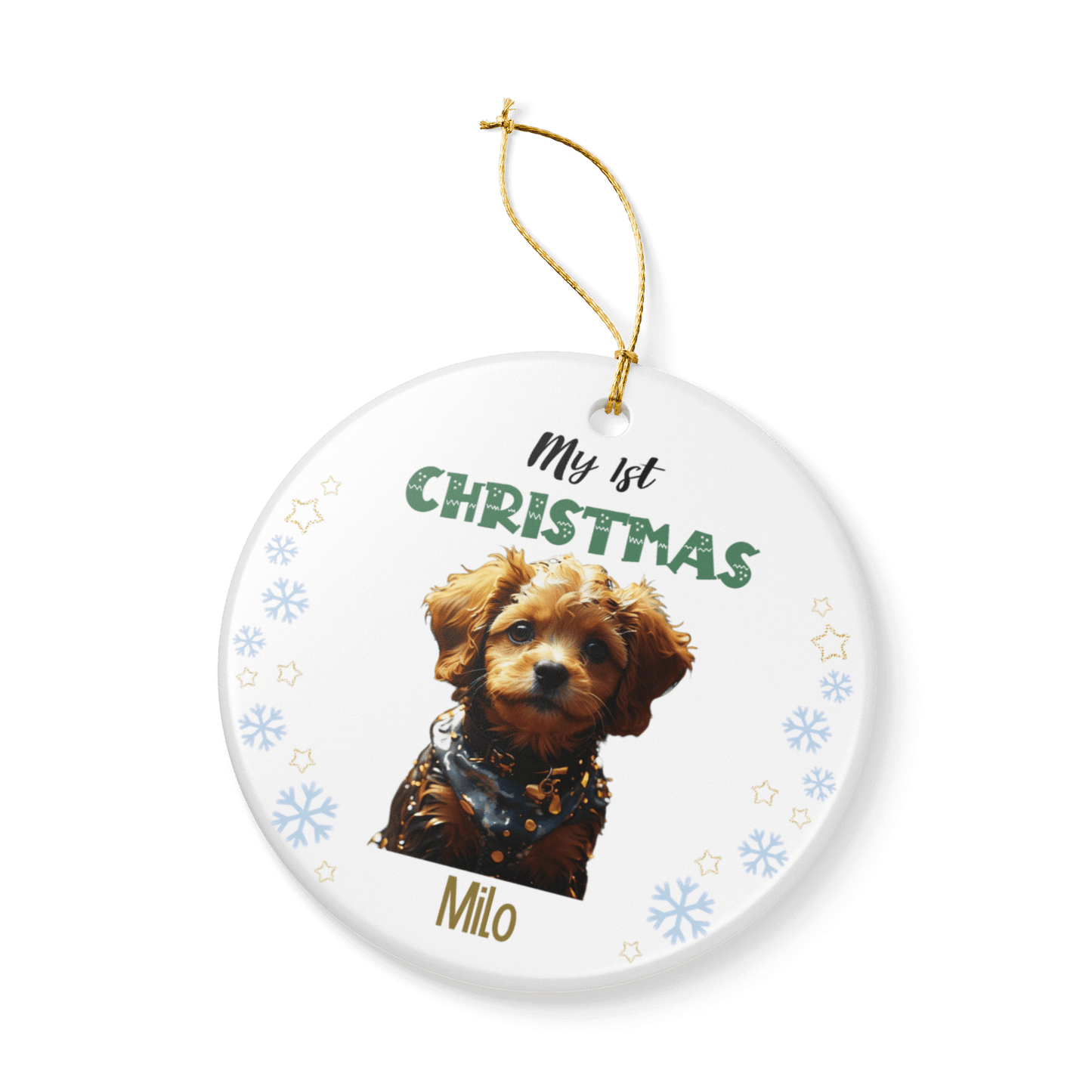 My 1st Christmas Ornament – Personalized Photo Keepsake featuring a cute puppy named Milo.