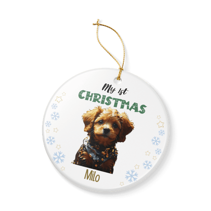 My 1st Christmas Ornament – Personalized Photo Keepsake featuring a cute puppy named Milo.