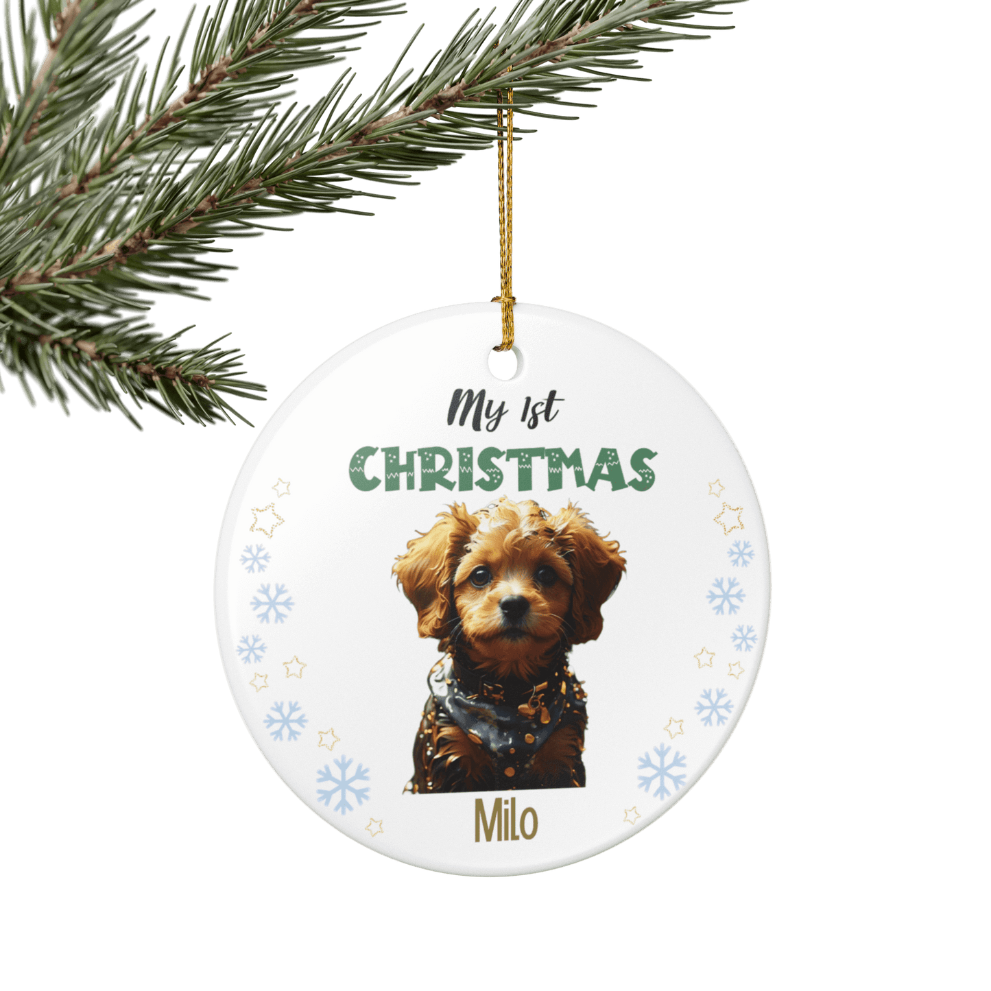 My 1st Christmas Ornament – Personalized Photo Keepsake featuring a dog named Milo.