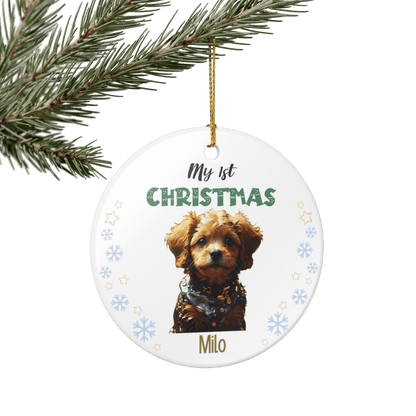 My 1st Christmas Ornament – Personalized Photo Keepsake featuring a dog named Milo.