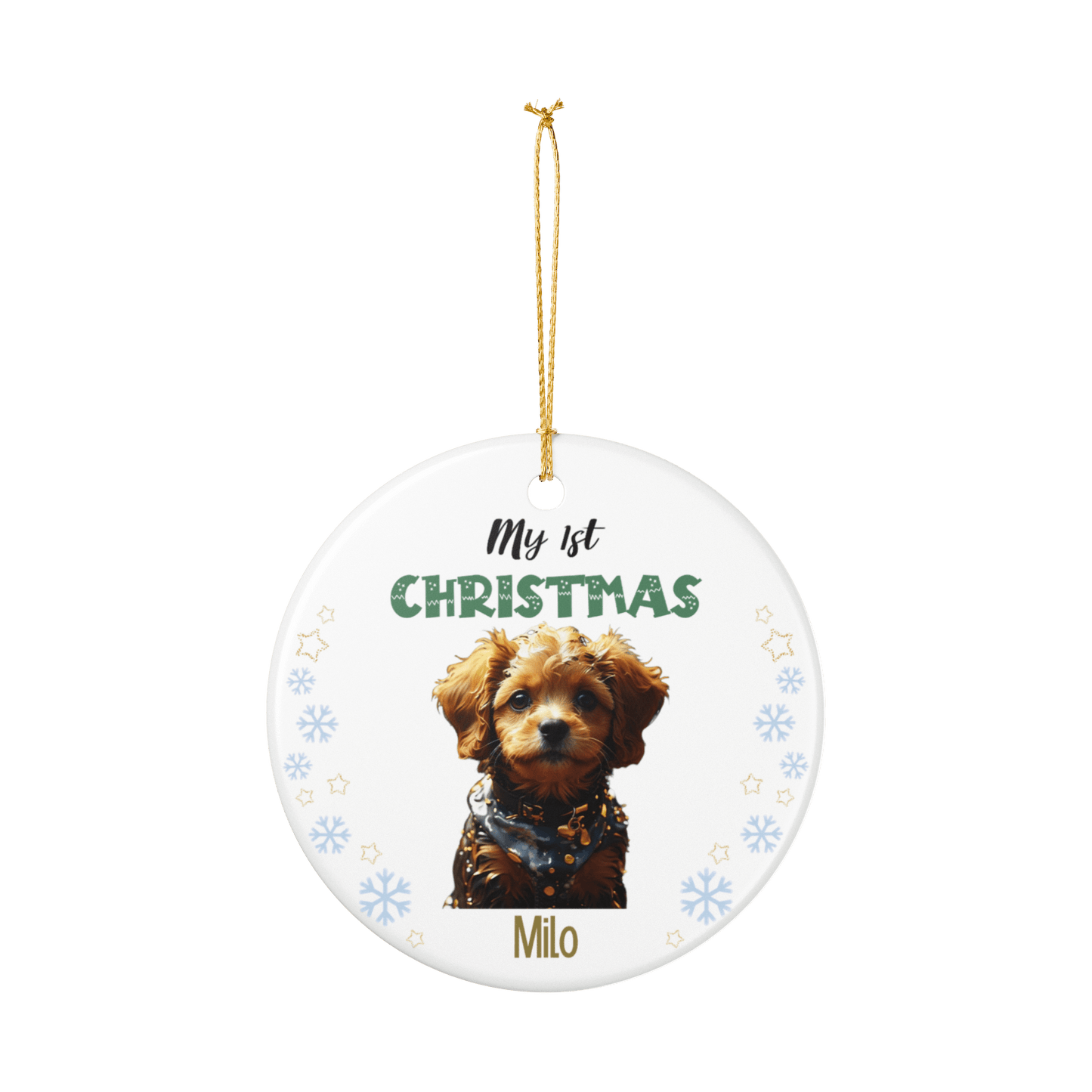 My 1st Christmas Ornament – Personalized Photo Keepsake featuring a cute puppy named Milo.