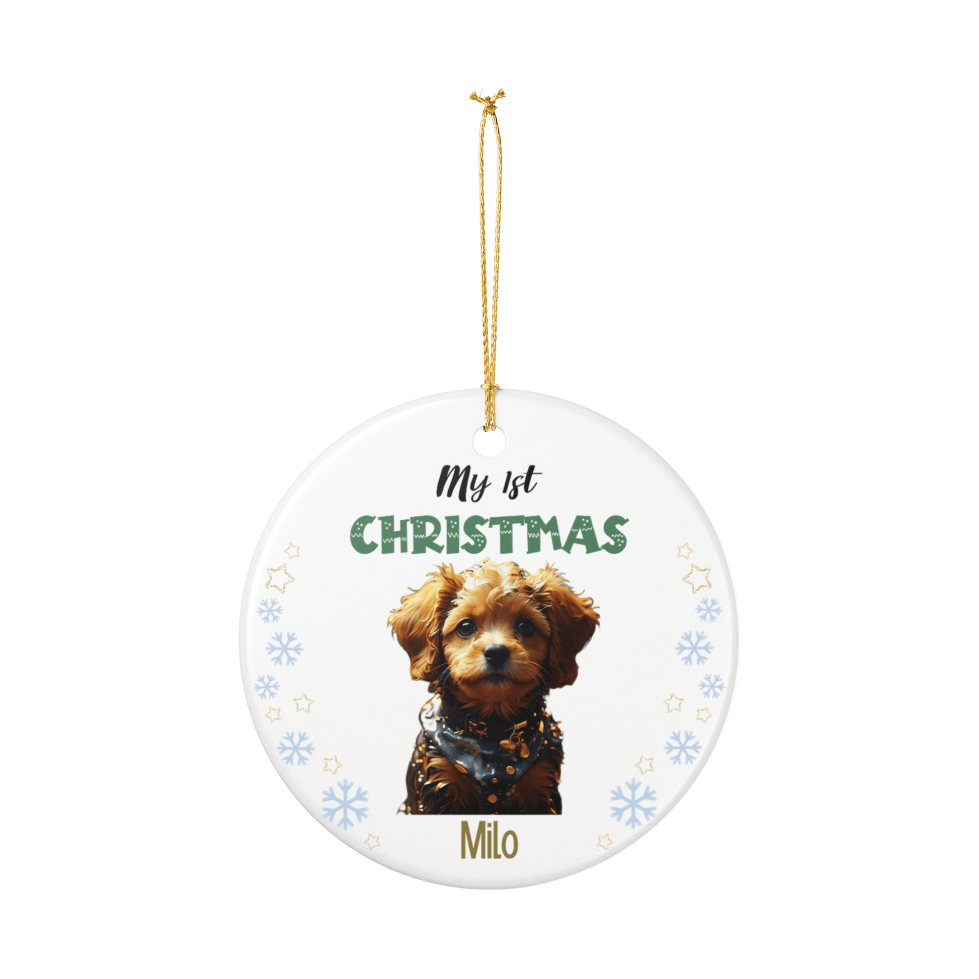 My 1st Christmas Ornament – Personalized Photo Keepsake featuring a cute puppy named Milo.