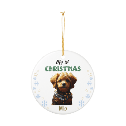 My 1st Christmas Ornament – Personalized Photo Keepsake featuring a cute puppy named Milo.