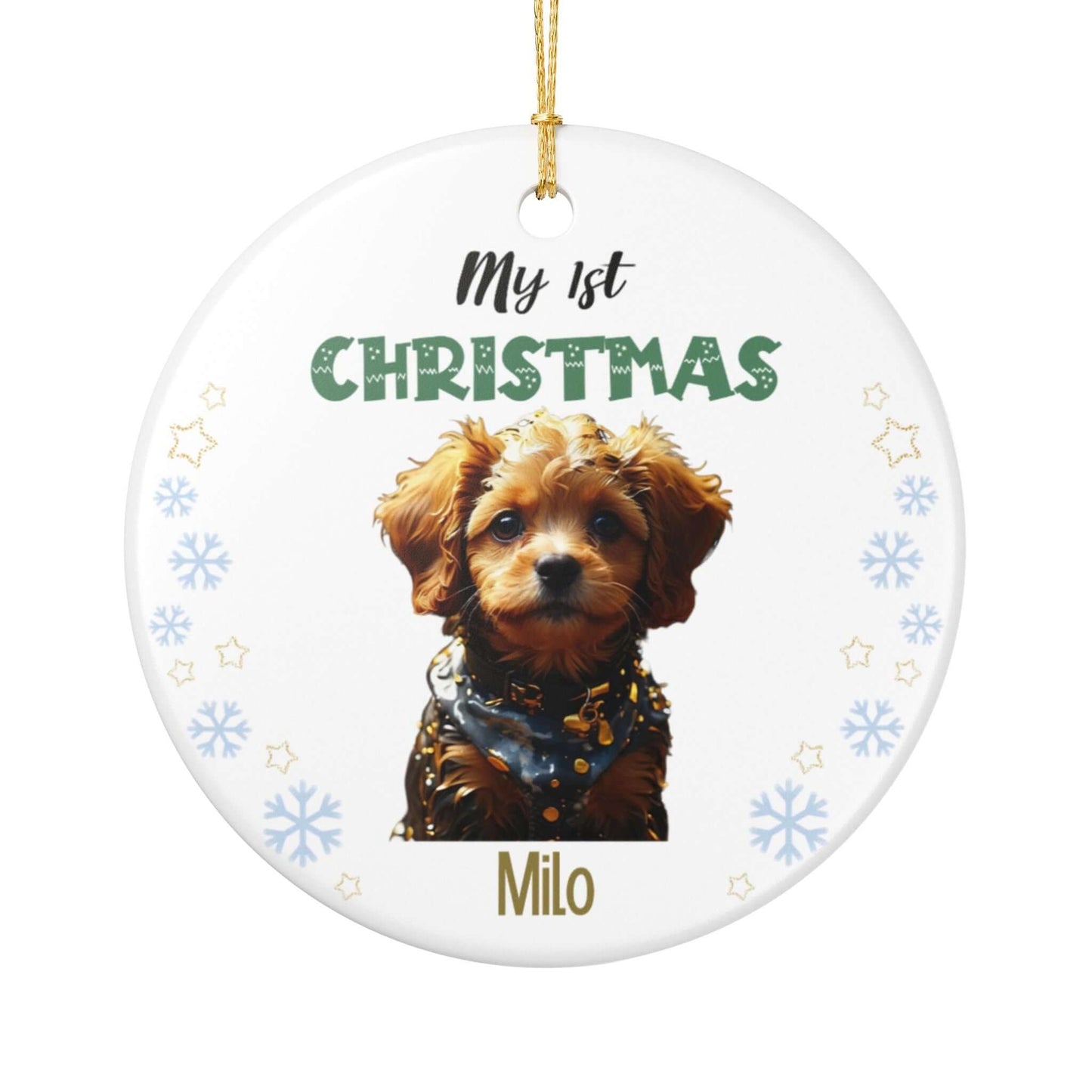 My 1st Christmas Ornament – Personalized Photo Keepsake featuring a puppy named Milo for a memorable holiday.