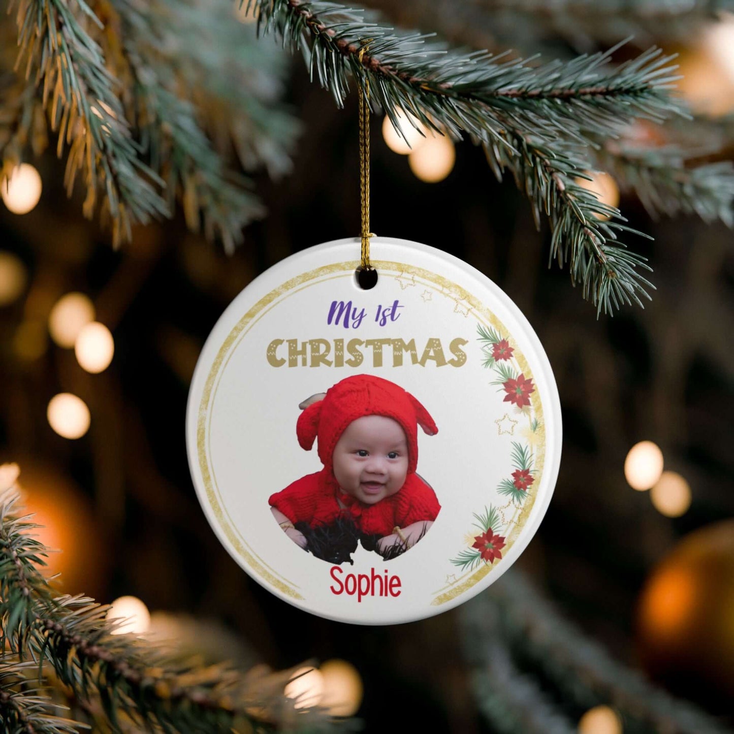 My 1st Christmas Ornament – Personalized Photo Keepsake featuring a baby in a red outfit and festive decorations.