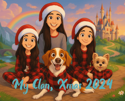 Whimsical personalized cartoon puzzle with family and pets in festive attire, featuring a Disney-inspired background.
