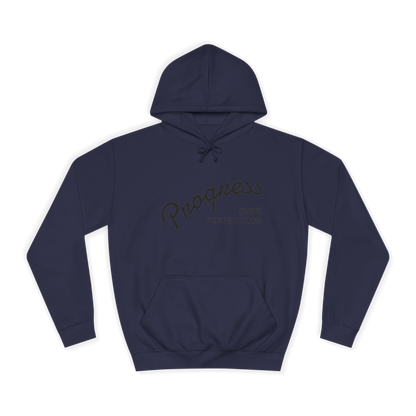 Custom College Hoodie – Add Your Photos, Text & Emojis Your Way in navy blue with 'Progress Over Perfection' text.