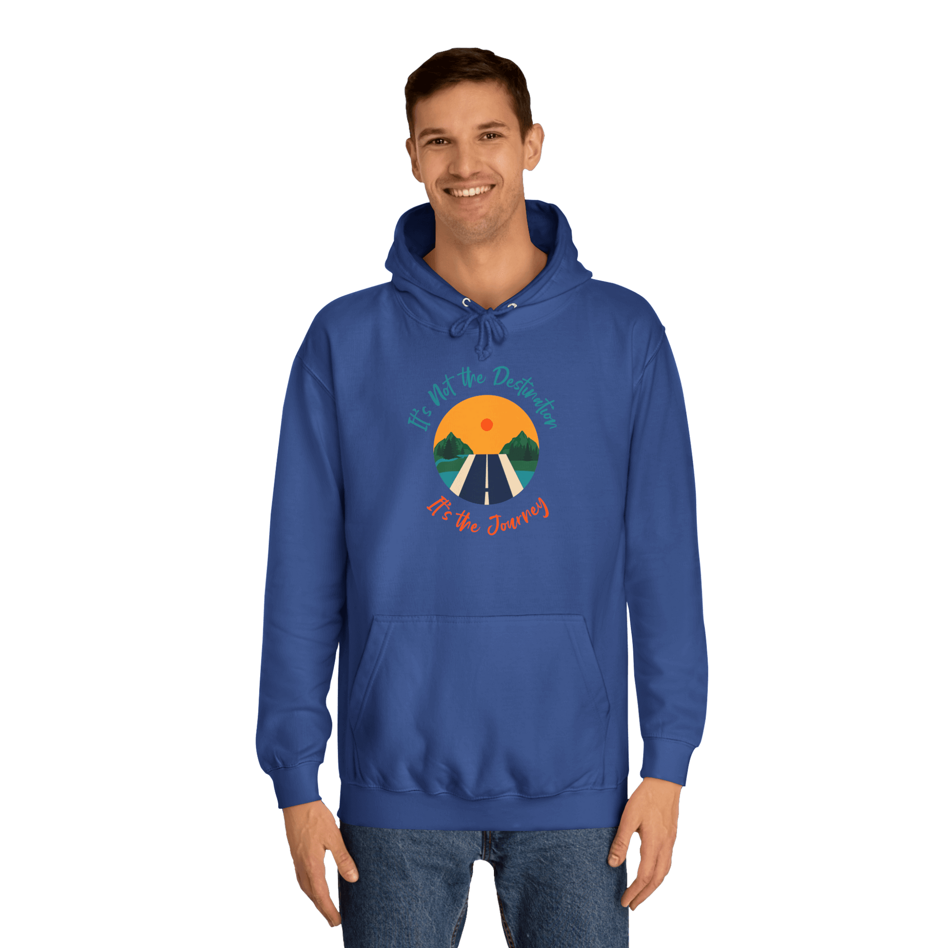 Custom College Hoodie – Add Your Photos, Text & Emojis Your Way, featuring a colorful journey design.