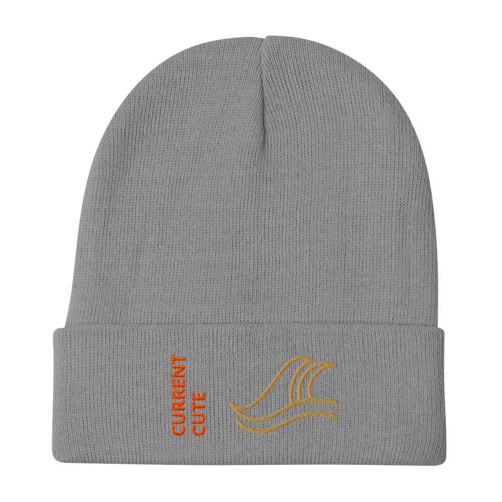 Ocean Waves Beanie – Embroidered Knit Hat with Custom Text in gray with wave design and 'CURRENT CUTE' text.