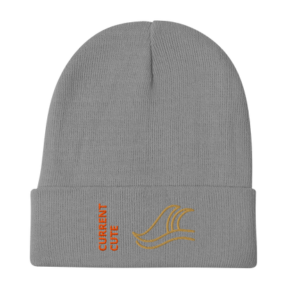 Ocean Waves Beanie – Embroidered Knit Hat with Custom Text in gray with wave design and 'CURRENT CUTE' text.
