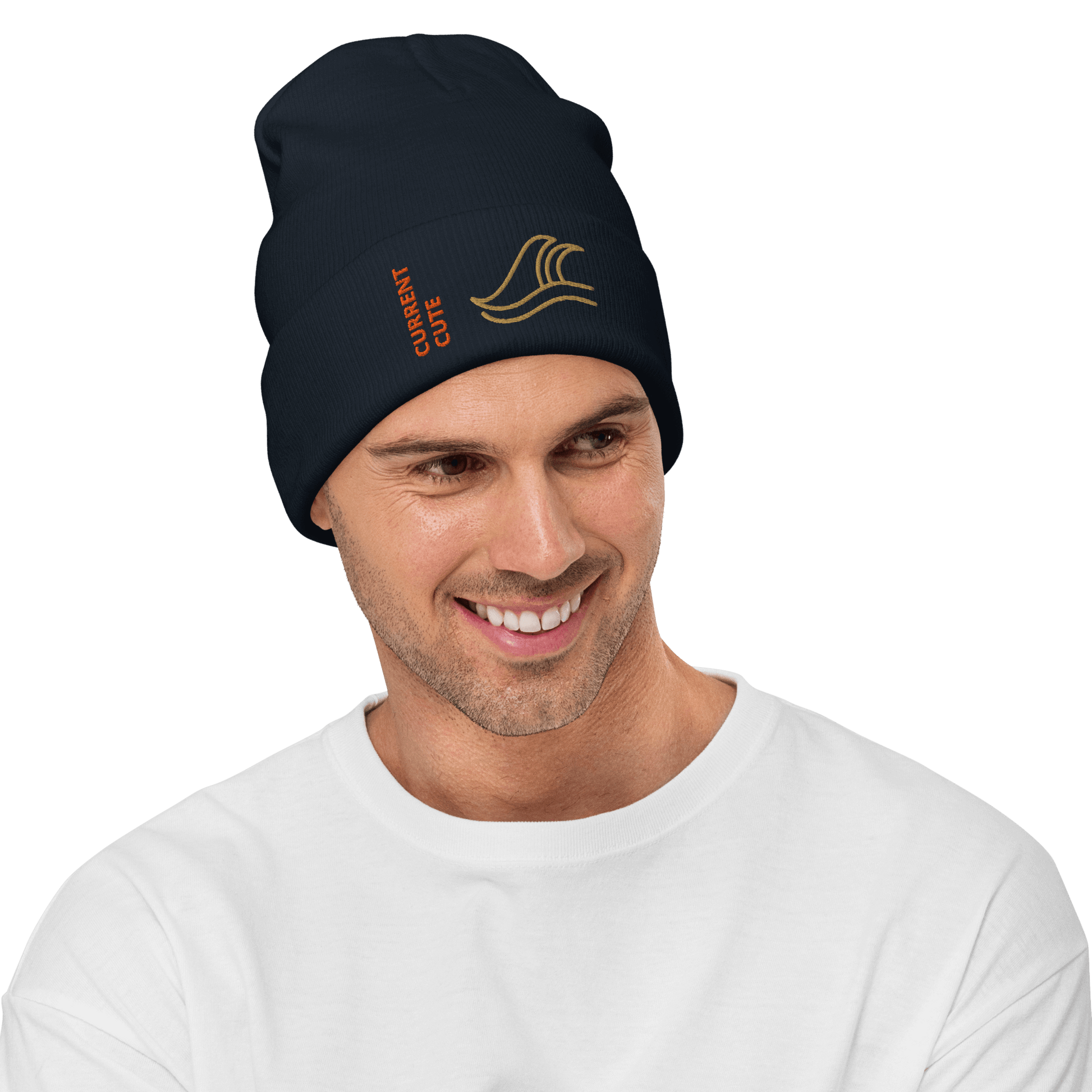 Ocean Waves Beanie – Embroidered Knit Hat with Custom Text being worn by a smiling man in casual attire.