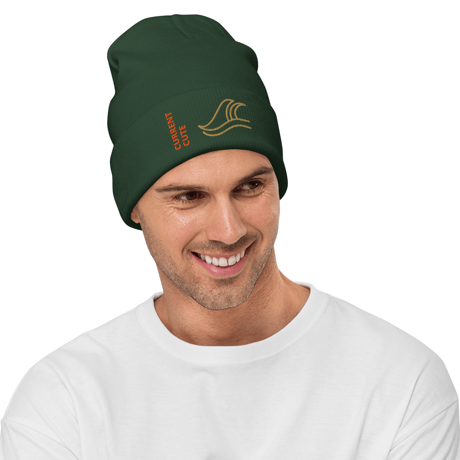 Ocean Waves Beanie – Embroidered Knit Hat with Custom Text worn by a smiling man in a cozy setting.