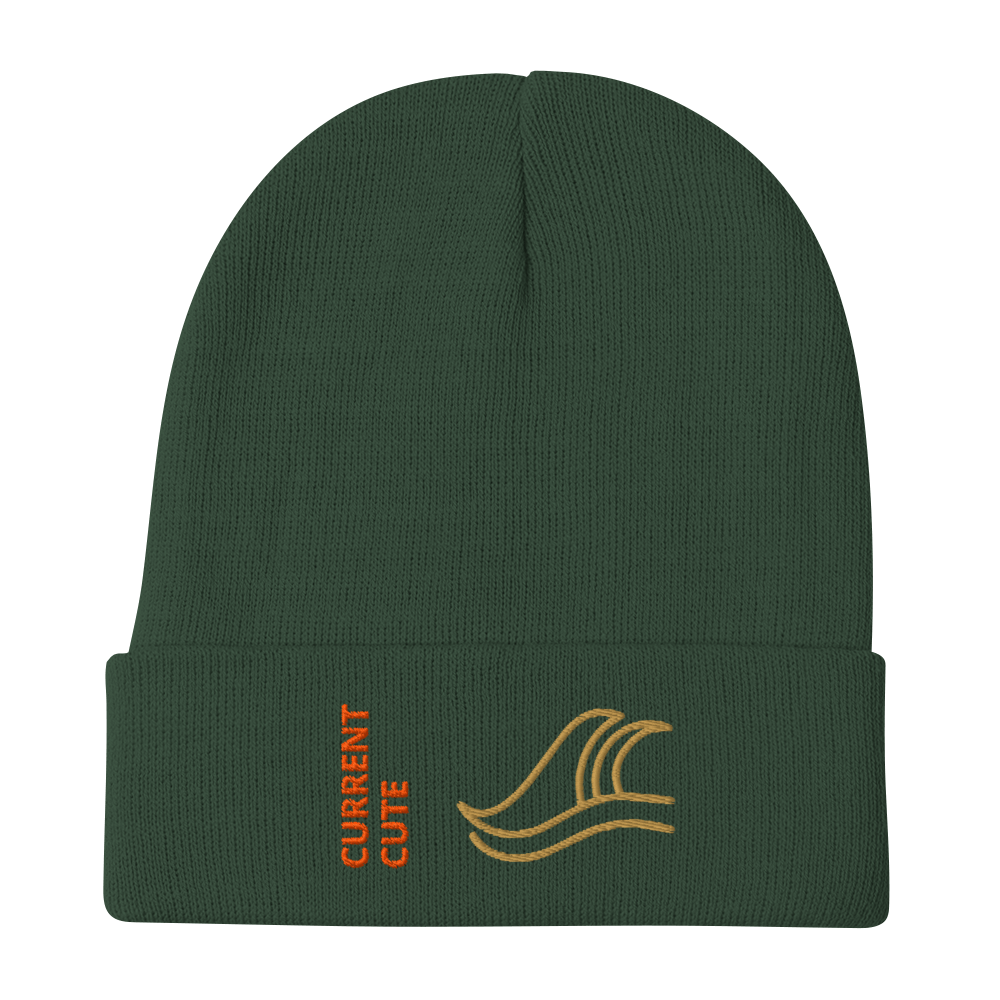 Ocean Waves Beanie – Embroidered Knit Hat with Custom Text in green with 'CURRENT CUTE' and wave design.