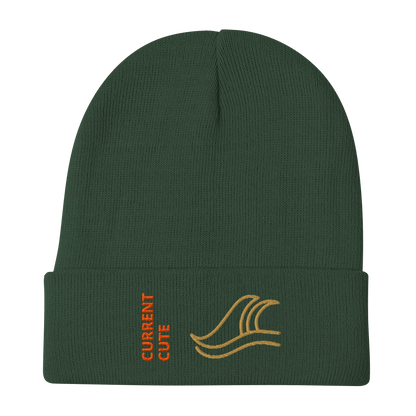 Ocean Waves Beanie – Embroidered Knit Hat with Custom Text in green with 'CURRENT CUTE' and wave design.