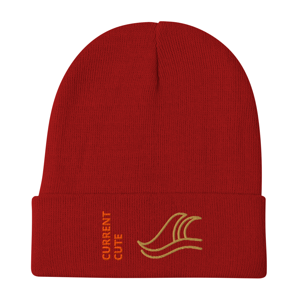 Ocean Waves Beanie – Embroidered Knit Hat with Custom Text in red with gold wave design.