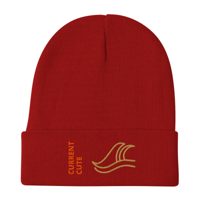 Ocean Waves Beanie – Embroidered Knit Hat with Custom Text in red with gold wave design.