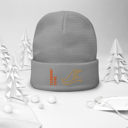 Ocean Waves Beanie – Embroidered Knit Hat with Custom Text in gray, featuring a wave design and the word 'CURRENT CUTE'.