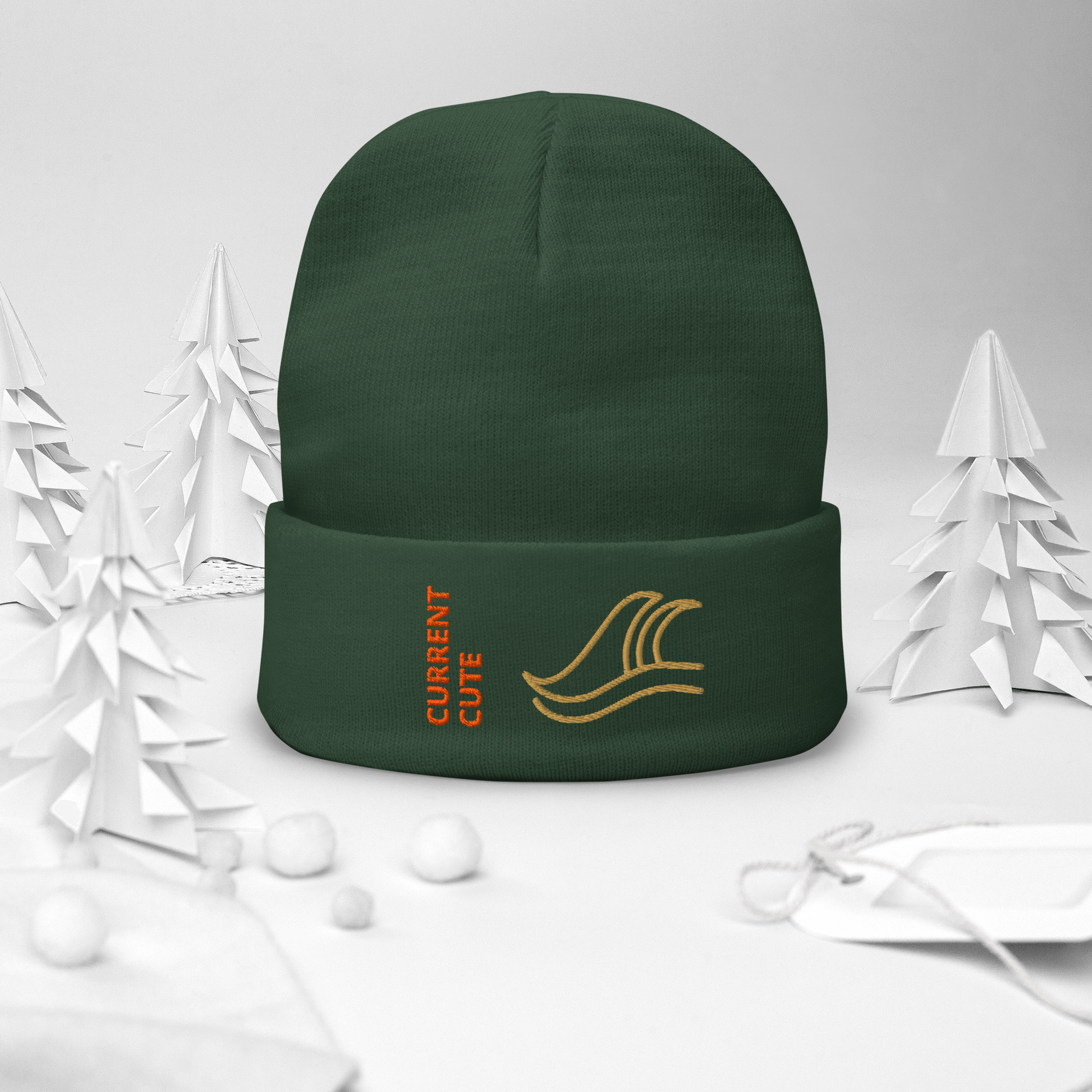 Ocean Waves Beanie – Embroidered Knit Hat with Custom Text featuring wave design and "CURRENT CUTE" text.