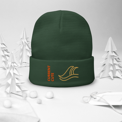 Ocean Waves Beanie – Embroidered Knit Hat with Custom Text featuring wave design and "CURRENT CUTE" text.