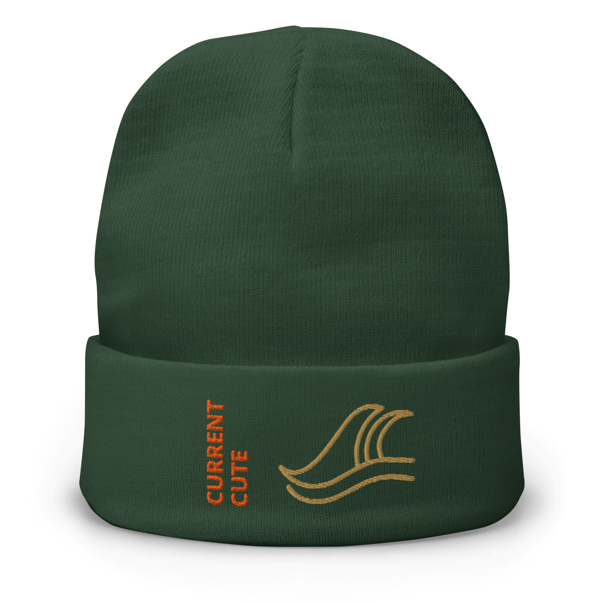 Ocean Waves Beanie – Embroidered Knit Hat with Custom Text, featuring wave design and 'CURRENT CUTE' embroidery.