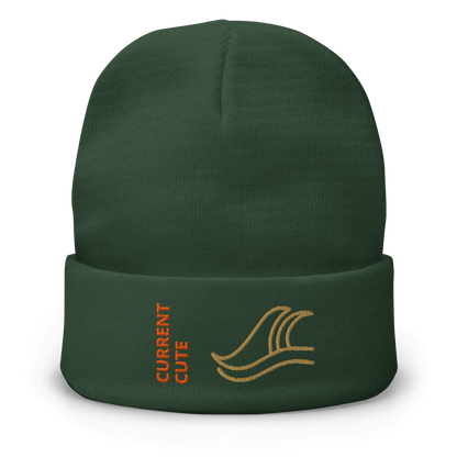 Ocean Waves Beanie – Embroidered Knit Hat with Custom Text, featuring wave design and 'CURRENT CUTE' embroidery.