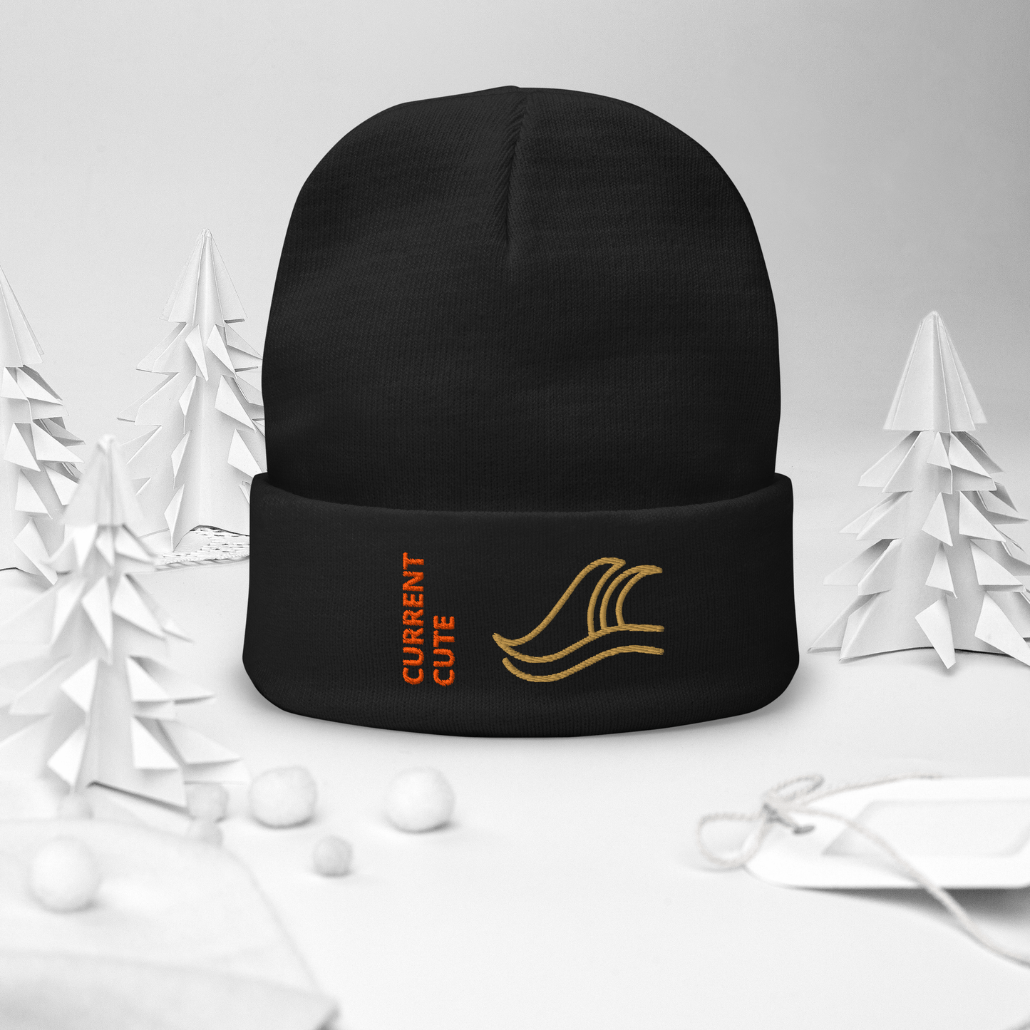 Ocean Waves Beanie – Embroidered Knit Hat with Custom Text in black with wave design