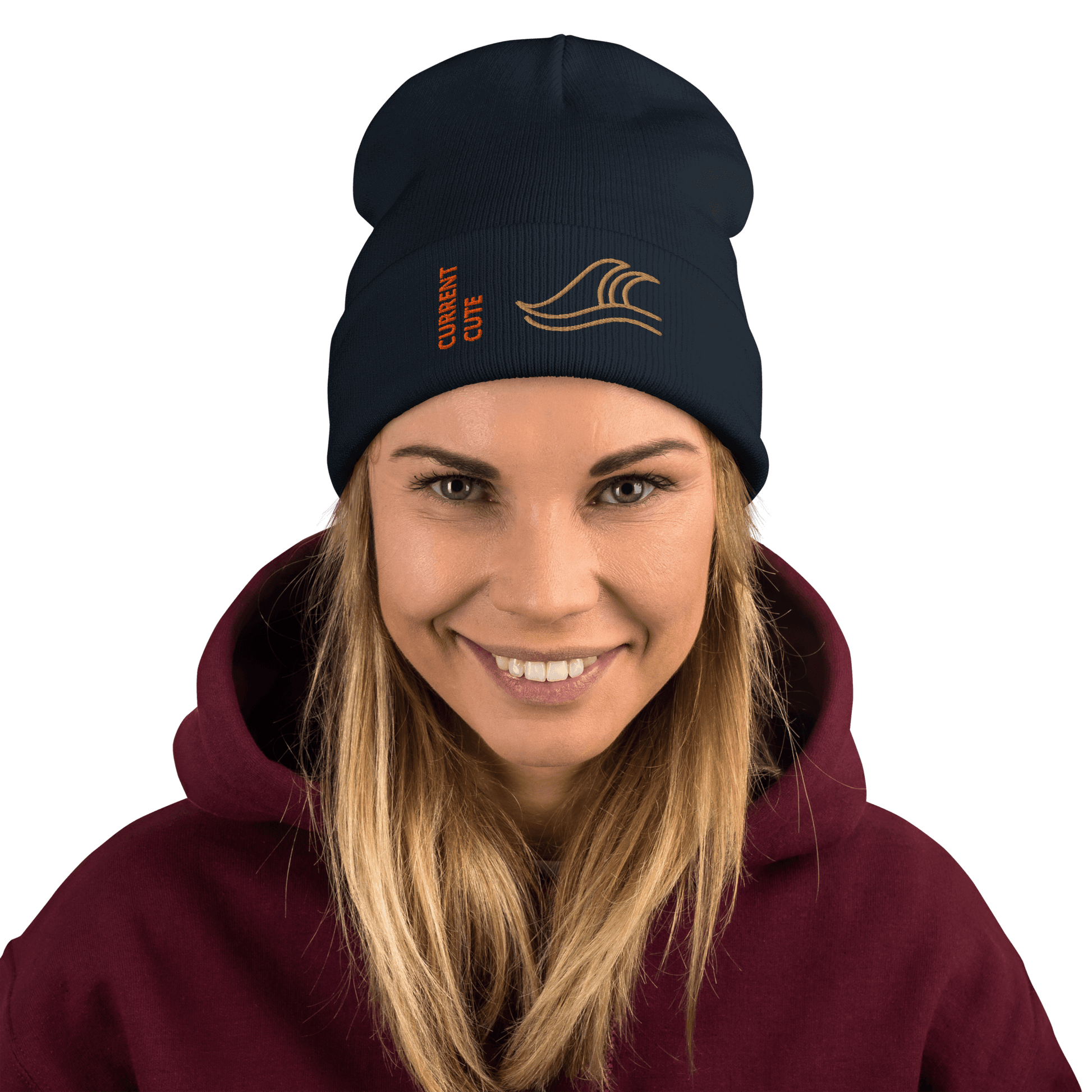 Ocean Waves Beanie – Embroidered Knit Hat with Custom Text displayed on a model, showcasing its stylish design.
