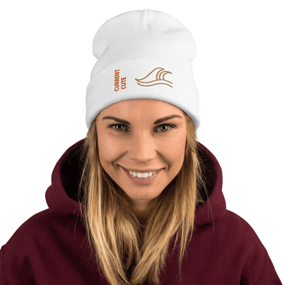 Ocean Waves Beanie – Embroidered Knit Hat with Custom Text worn by model with a white background.