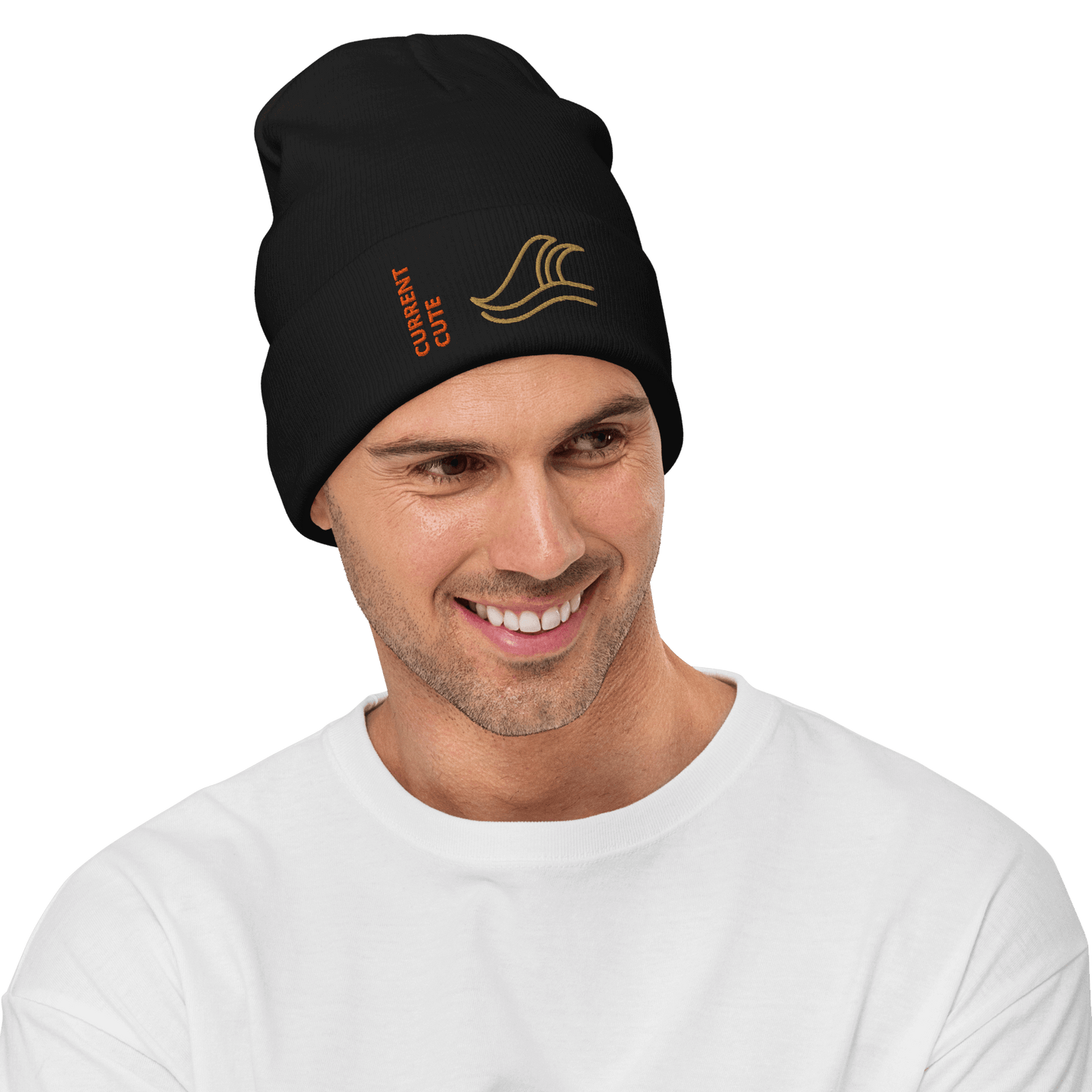 Ocean Waves Beanie – Embroidered Knit Hat with Custom Text worn by a smiling man showing cozy style.