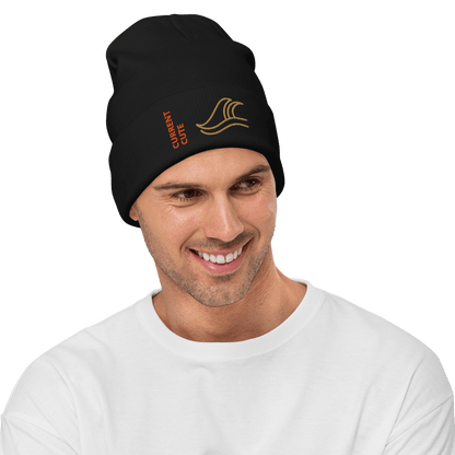 Ocean Waves Beanie – Embroidered Knit Hat with Custom Text worn by a smiling man showing cozy style.