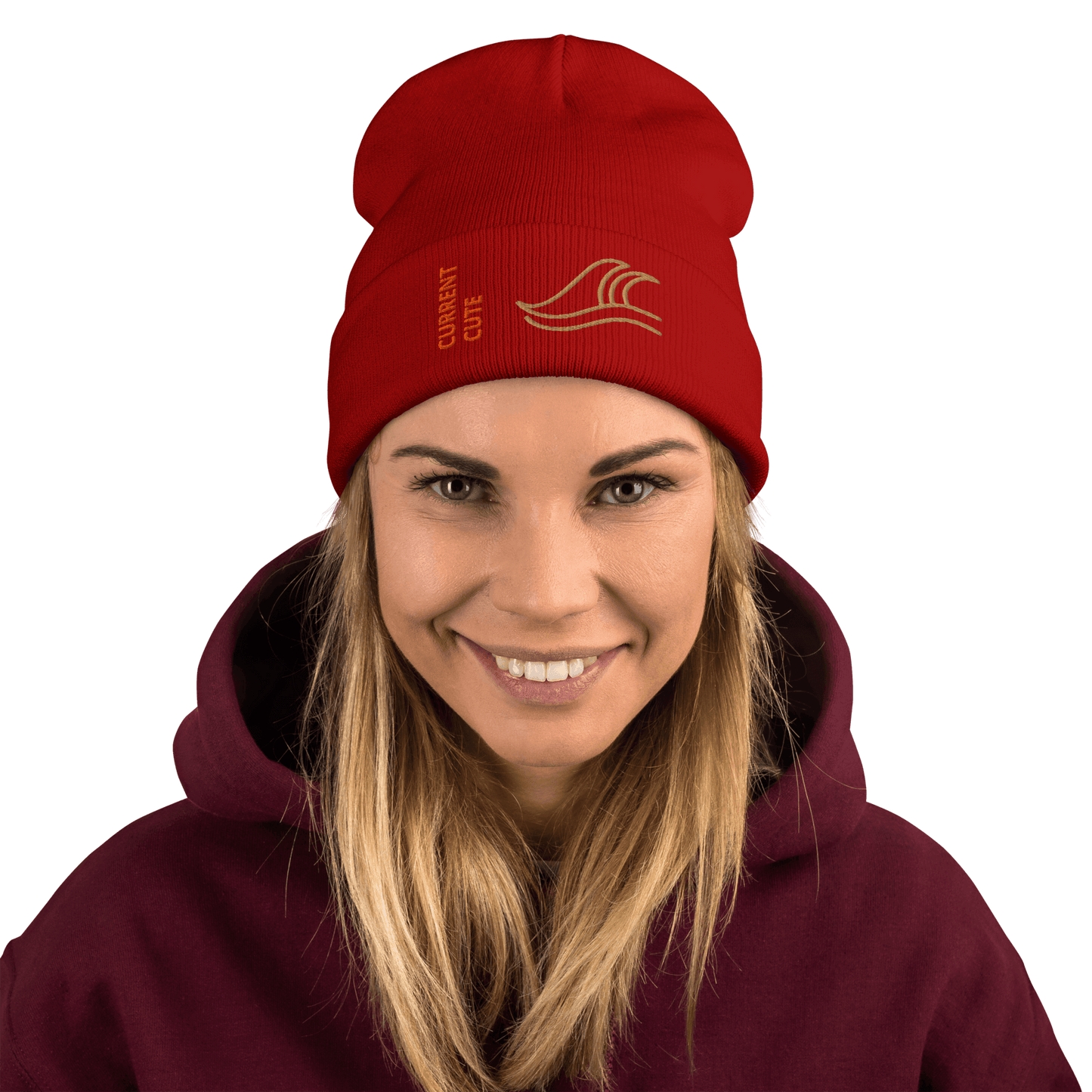 Ocean Waves Beanie – Embroidered Knit Hat with Custom Text worn by a model, showcasing its cozy style.