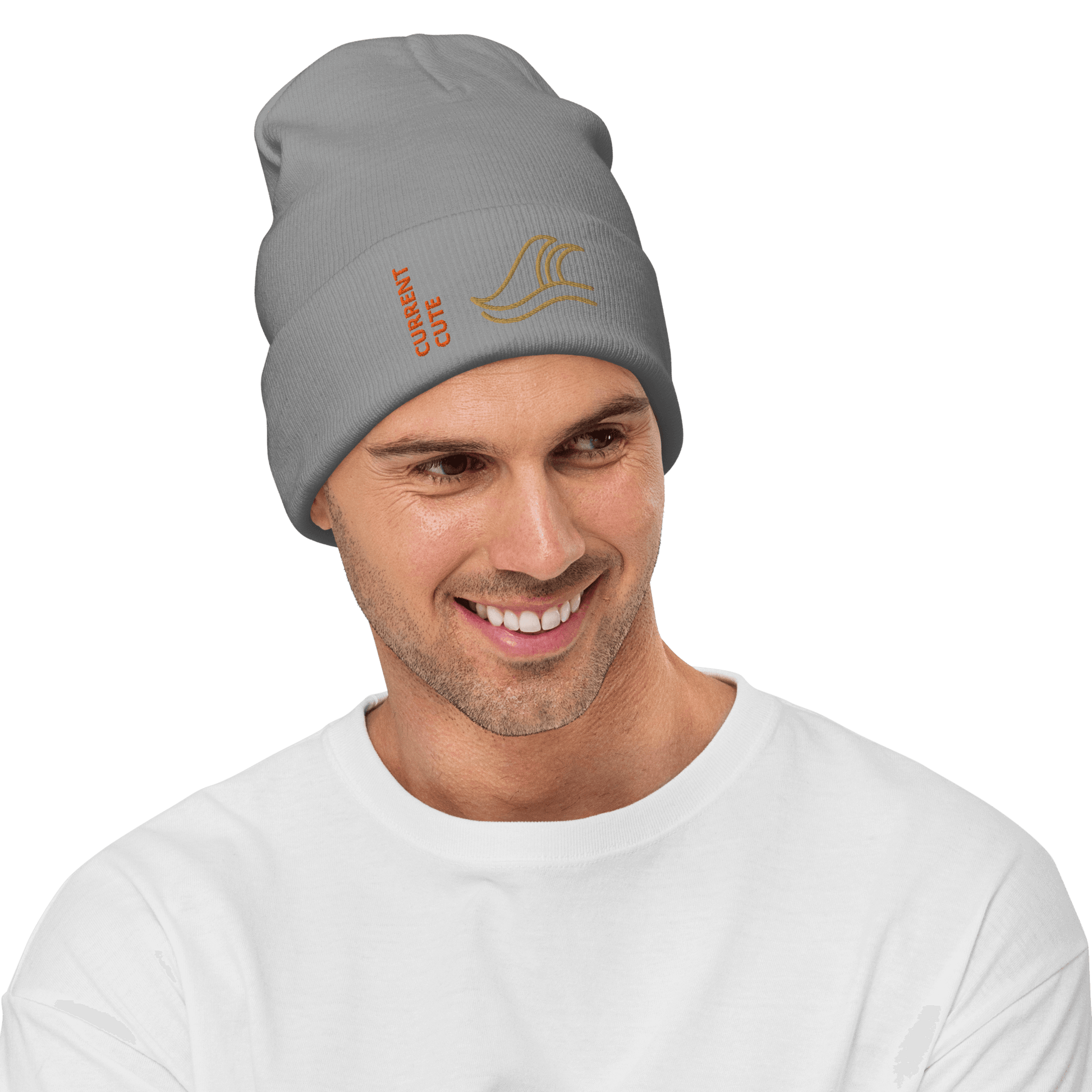 Ocean Waves Beanie – Embroidered Knit Hat with Custom Text worn by a smiling man in a gray knit hat.